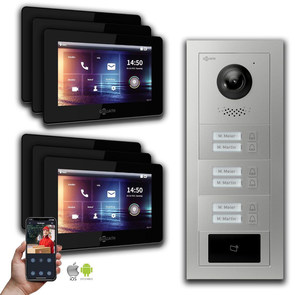 Goliath 2-Draht BUS Video Türsprechanlage: 6 Familienhaus, RFID, Silber : Unterputzdose : 7 Zoll in Schwarz Monitor Auswahl: 7 Zoll in Schwarz Tü...