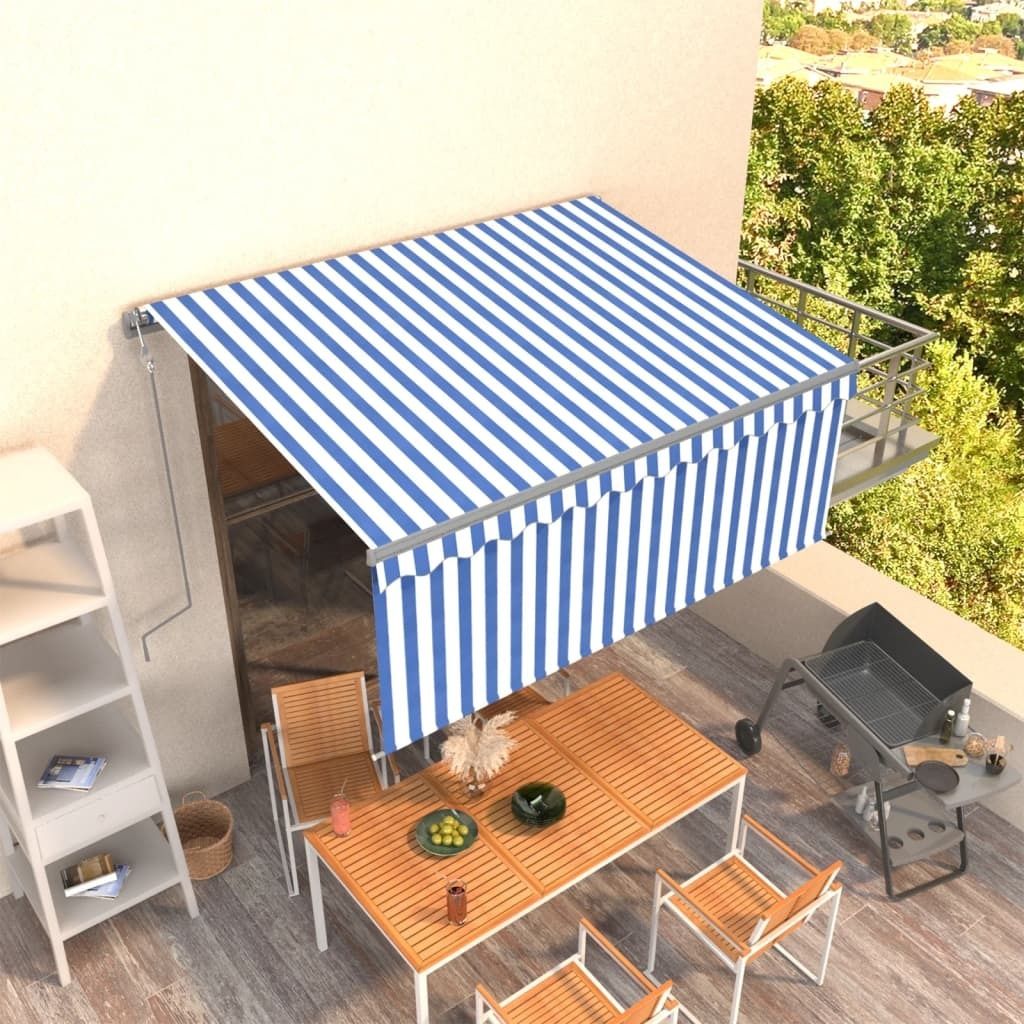 The Living Store Markise Automatisch Einziehbar mit Volant 3x2,5 m Blau und Weiß