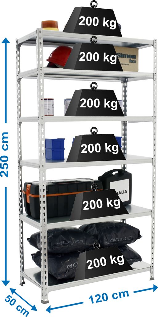 PROREGAL Schwerlastregal GIANT METAL SHARK | HxBxT 250x120x50cm | Fachlast 200kg | Verzinkt