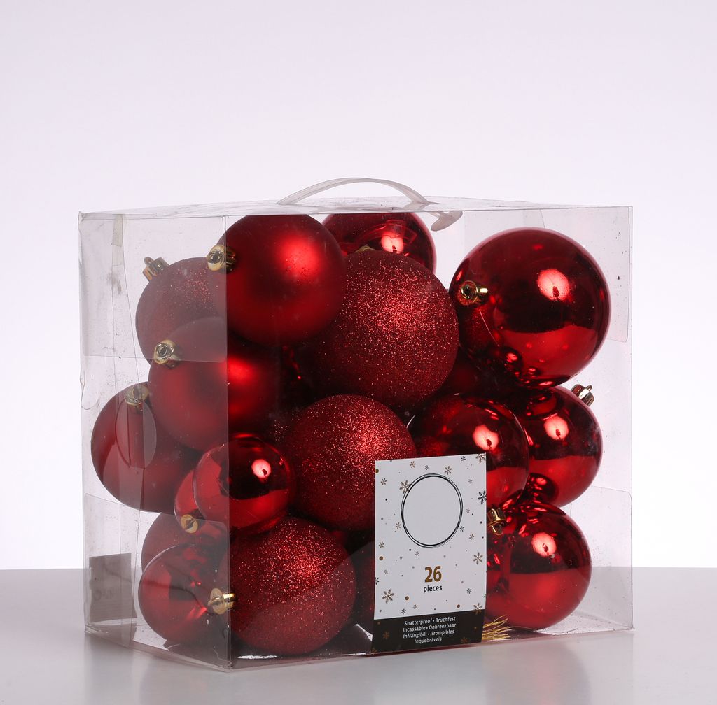 Christbaumkugel - Weihnachtsbaumkugel - bruchfest - glänzend, matt und glitzernd - rot - 26er Set