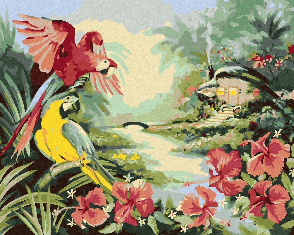 Zuty - Malen nach Zahlen - ARA-PAPAGEI UND BLUMEN NEBEN DEM FLUSS UND DER HÜTTE (D. RUSTY RUST), 40x50 cm, mit Keilrahmen (bereits gespannt)