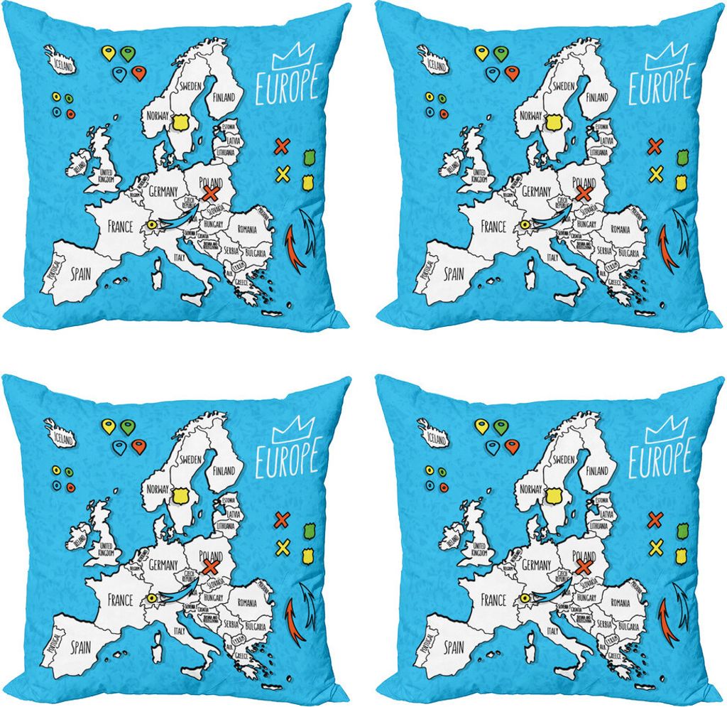 ABAKUHAUS europäisch Kissenbezug Set (4 Stück), Genaue Karte von Europa, Moderner Doppelseitiger Digitaldruck, 45 cm x 45 cm, Mehrfarbig