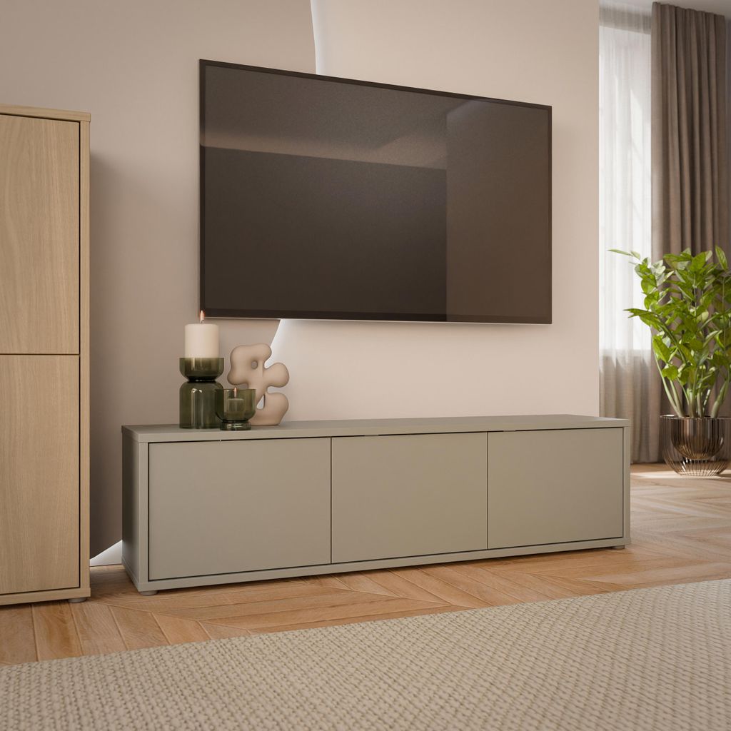 Forte ALICE SPRINGS TV-Schrank 150, modern-minimalistisch, 3-türig, Lowboard, Wohnzimmer, Holzwerkstoff, Taupe, 154,2 cm breit x 41,5 cm hoch x 34...