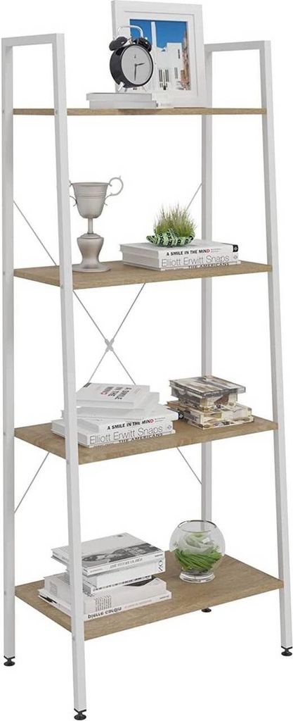 A white and wood-grain ladder shelf with various decorative items and books on its shelves.