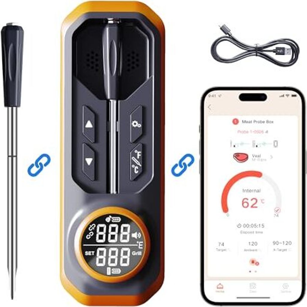 Wireless Fleischthermometer, digitale Kochthermometersonde & 500 Fuß Range Food iOS Android App, vorprogrammierte Temperaturen BBQ, Ofen, Ofen,