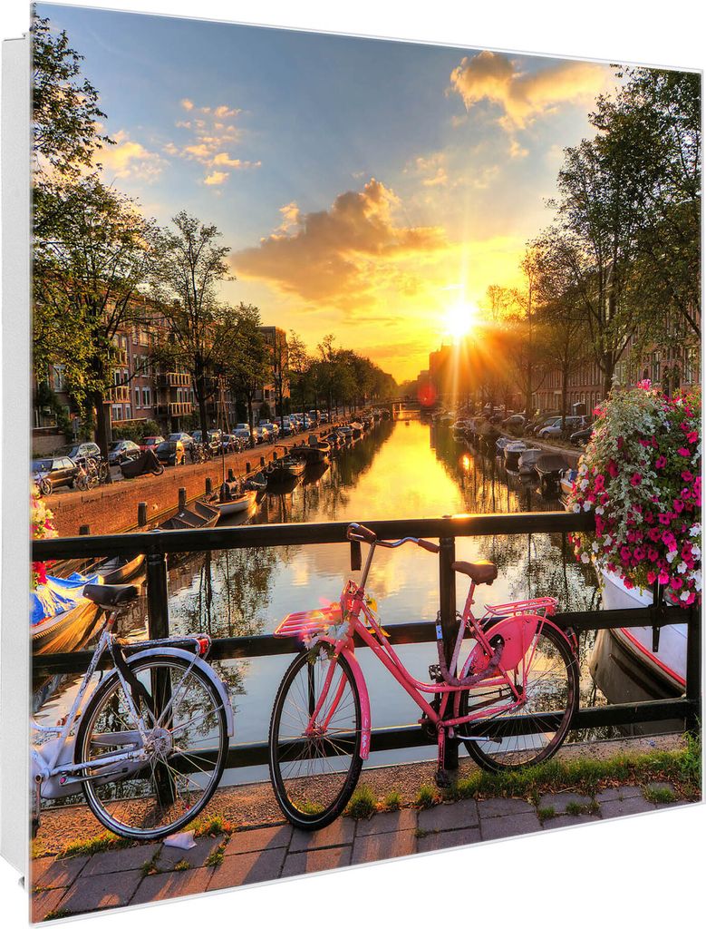 banjado Schlüsselkasten aus Glas, 30x30cm groß mit 50 Haken, als Magnettafel nutzbar, Korpus weiß, Anschlag Links, Amsterdam Mit Rad [SKGW2 12683]