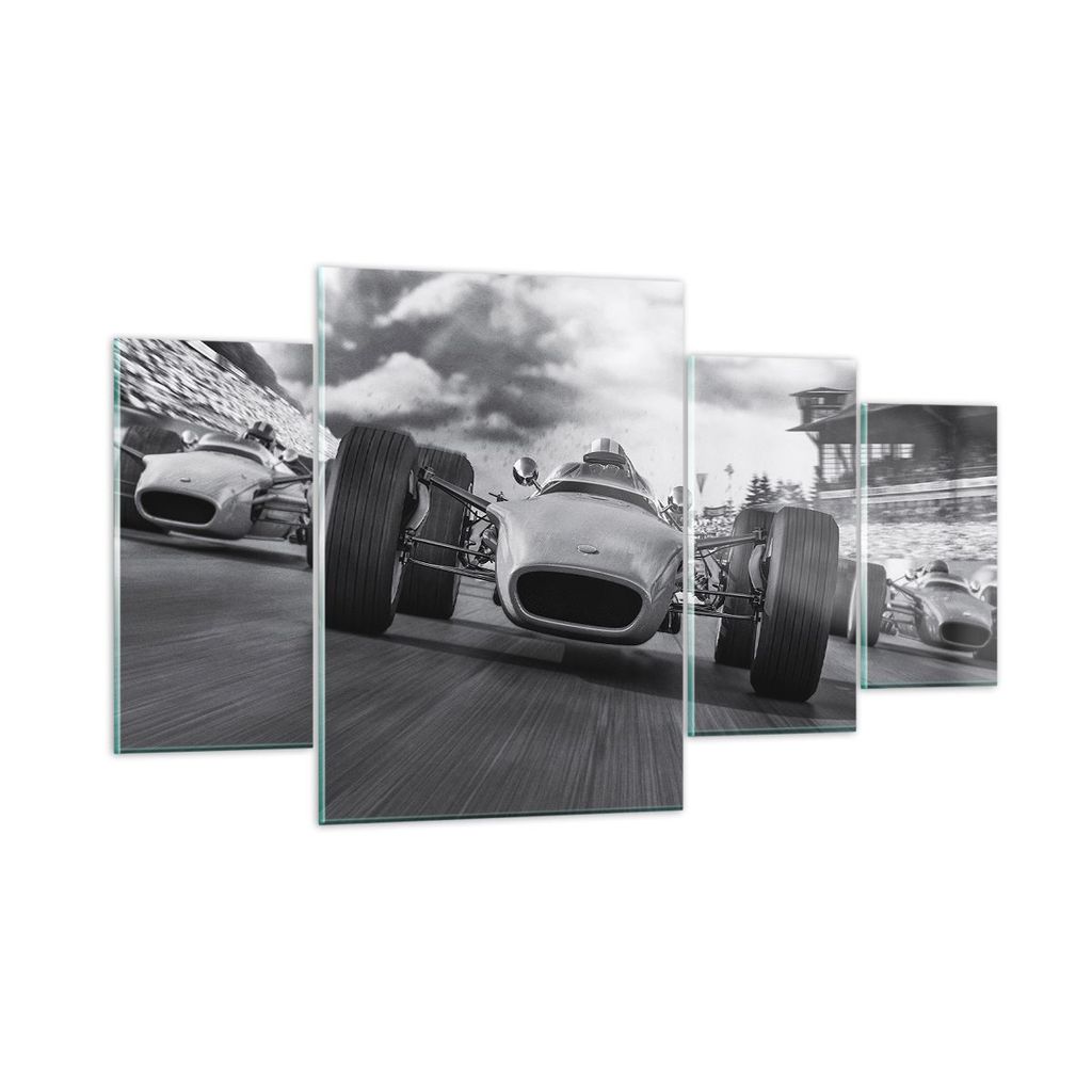 Bilder auf glas - 4 Teile - Formel 1 Schwarz und Weiß - 160x90cm - Glasbilder - Wandbilder - Bilder - zum Aufhängen bereit - Wanddekoration aus G...