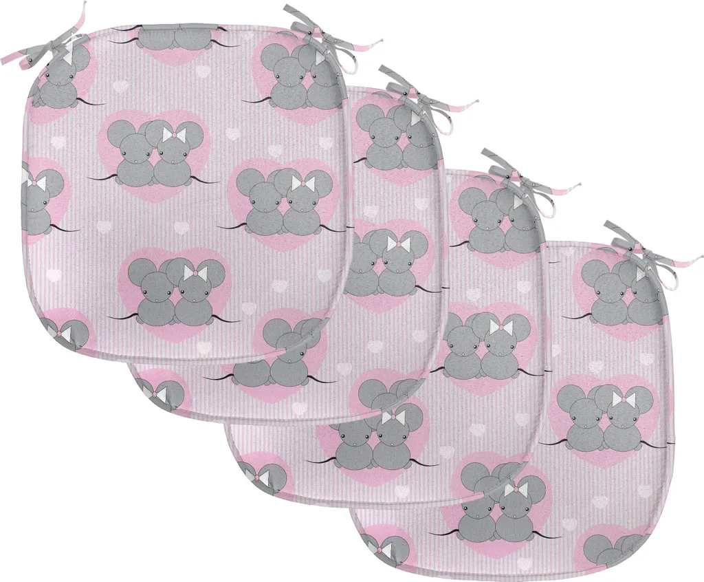ABAKUHAUS Rosa e grigio Imbottitura per sedie da sala da pranzo, cuori di topo, cuscino decorativo impermeabile con cinturini per sedie da cucina, 40 cm x 40 cm - confezione da 4, grigio rosa