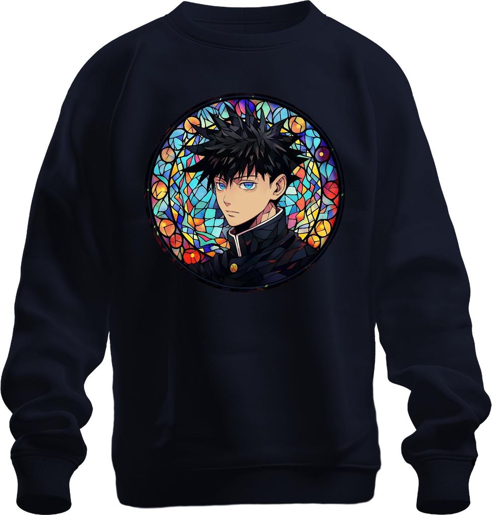 Anime Junge Blaue Augen Schwarze Haare Buntglas Fenster Mystisch Uni Sweatshirt Pullover, Navy, XXL