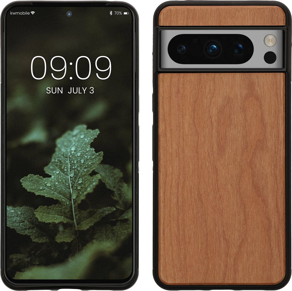 kwmobile Hülle kompatibel mit Google Pixel 8 Pro Hülle - Holz Case - stoßfestes Handy Cover - TPU Handyhülle in Braun Kirschholz