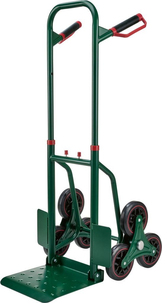 A green stair-climbing hand truck with red accents and black wheels, shown from a three-quarter front angle against a white background.