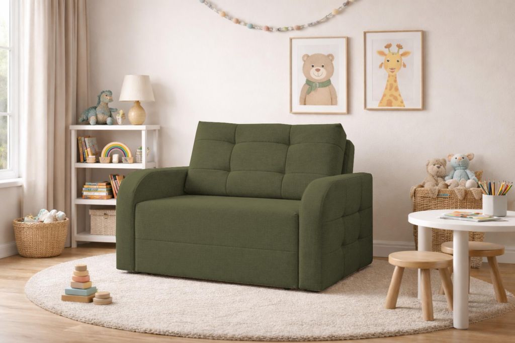 MOEBLO Kindersofa PORTO 120 – Schlafsessel Sofa Sessel Jugendsofa Schlafsofa 2-Sitzer Gästebett mit Schlaffunktion und Bettkasten - Olive (BRAGI...