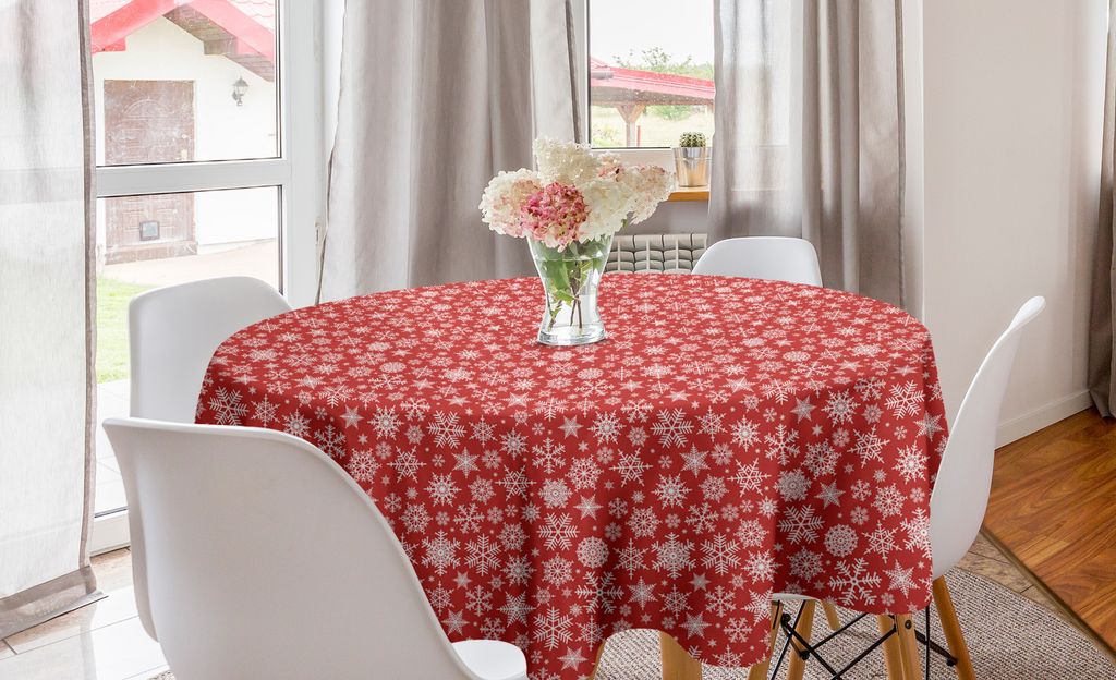 ABAKUHAUS rot Runde Tischdecke, Verschiedene Schneeflocke-Winter, Kreis Tischdecke Abdeckung für Esszimmer Küche Dekoration, 150 cm, rot-Weiss