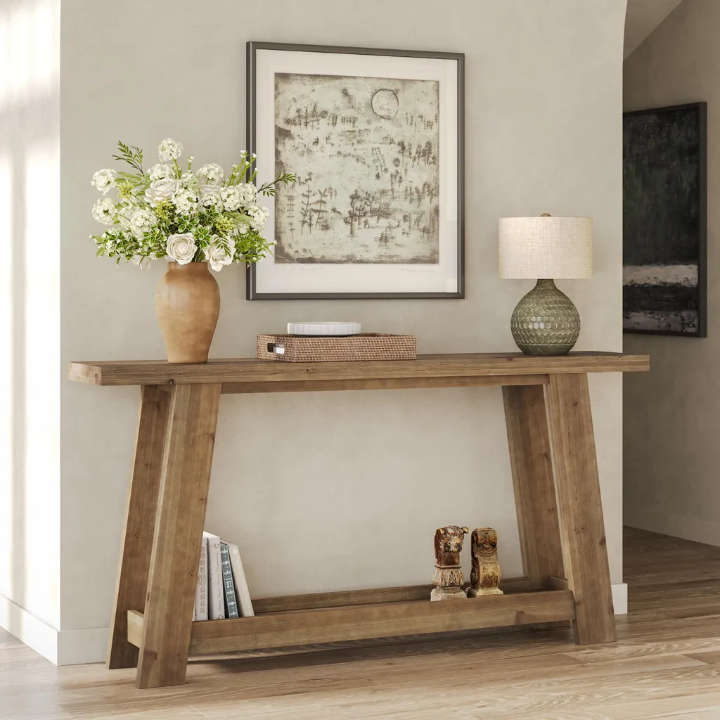 Table d'entrée rustique 160 cm bois massif avec double étagère basse