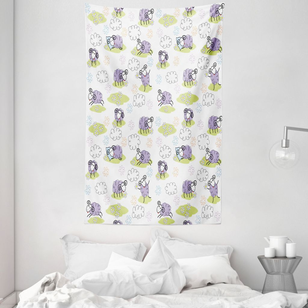 ABAKUHAUS Gekritzel Wandteppich und Tagesdecke, Schafe mit Wolken aus Weiches Mikrofaser Stoff Waschbar ohne Verblassen Digitaldruck, 140 x 230 cm,...