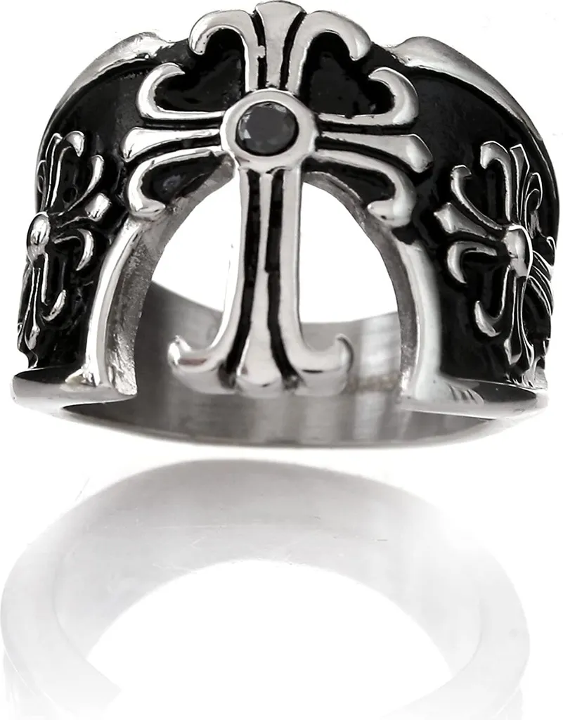 Anello Acciaio Inox Uomo Croce Pietra Nera Herran Gioielli HSR8241
