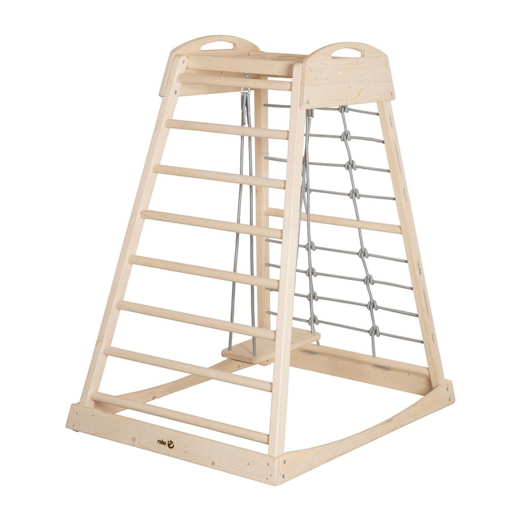 roba Indoor Spielturm aus Holz - Montessori Klettergerüst mit Sprossen, Kletterseil, Turnringen & Schaukel - Ab 24 Monaten bis 70kg - Natur / Grau