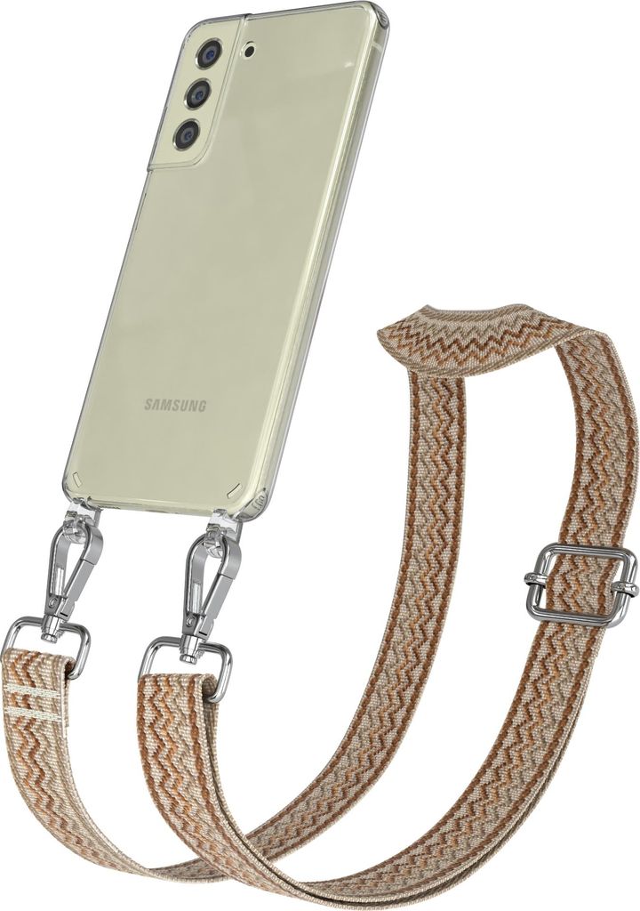 Samsung Galaxy S21 FE 5G Chain Eyelets Slim Neck Strap Set Wave Style 07 Beige/Brown 02 Metall Silver -EOL