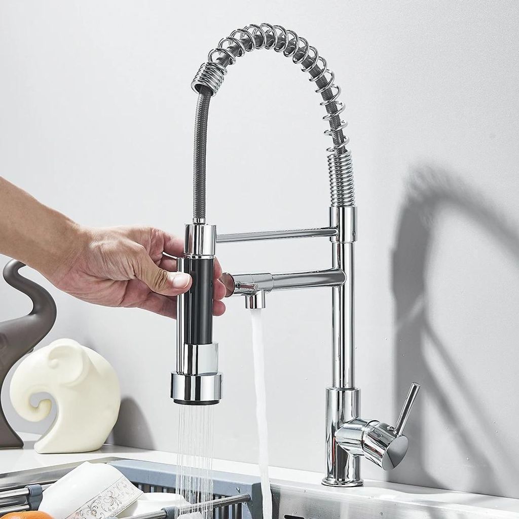 Küchenarmatur - Ausziehbare Brause - 1-Funktion - 360° Schwenkbarer Auslauf - Einhebel, 1-Loch - Warm-/Kaltwasser - Poliertes Nickel