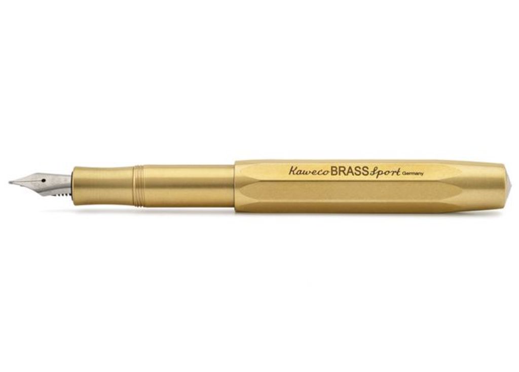 A brass fountain pen on a white background.