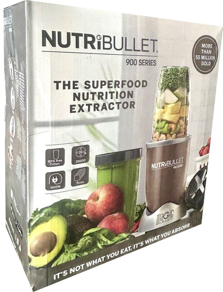 The image shows the retail packaging of a NutriBullet 900 Series blender, along with images of the product and ingredients.