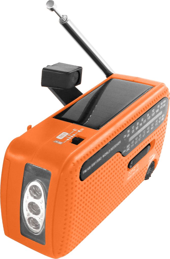 An orange emergency radio with a solar panel and antenna is shown against a white background.