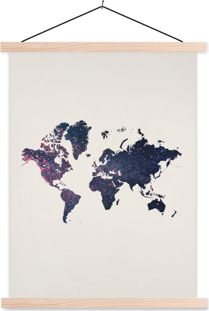 MuchoWow Textilposter Weltkarte - Galaxie - Weiß 120x160 cm mit holzfarbenen Rahmen - Plakatkarton