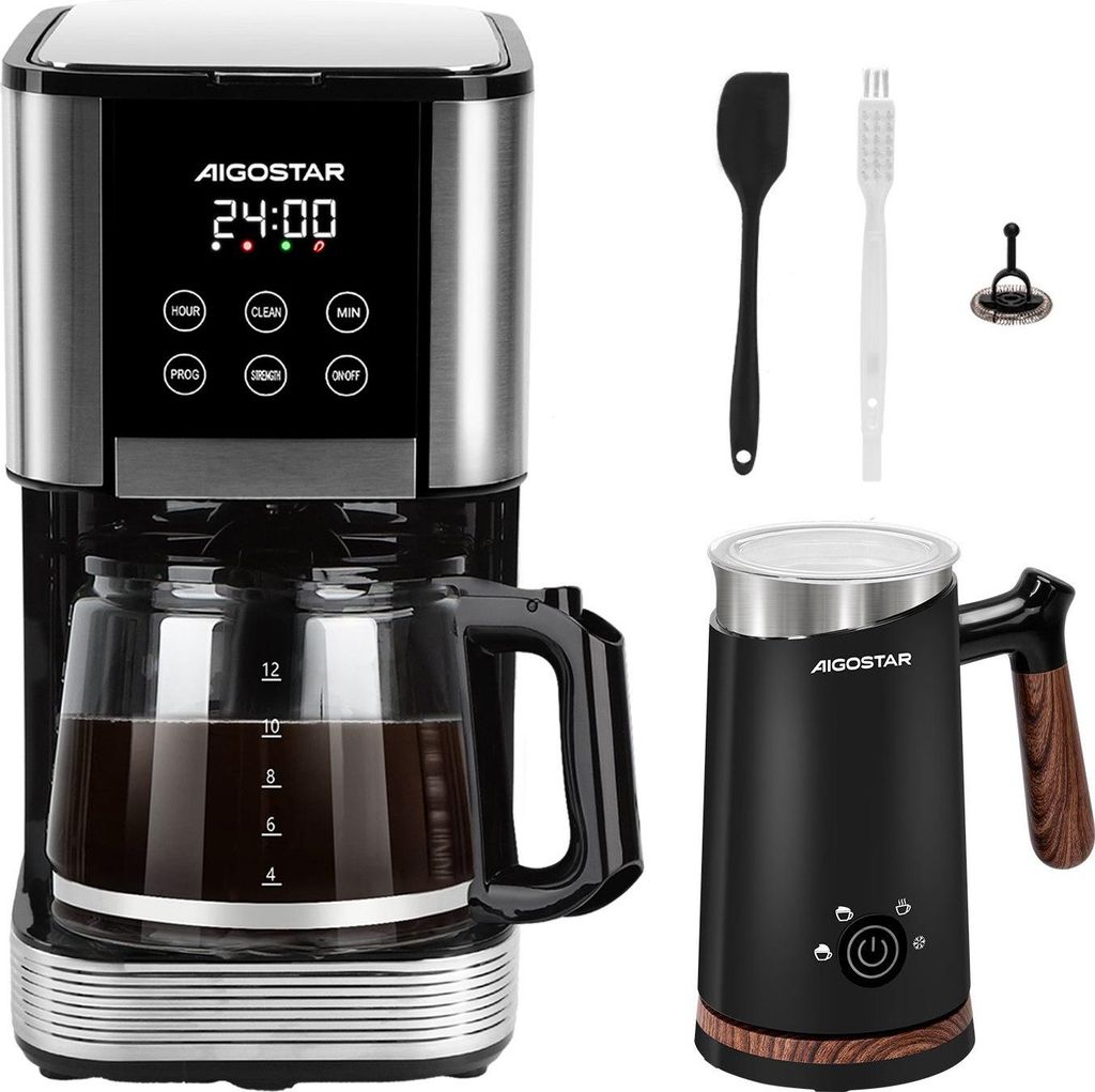 Aigostar - Filterkaffeemaschine 1000W, 1,5L Wassertank/ 4 in 1 Milchaufschäumer Elektrisch 500W