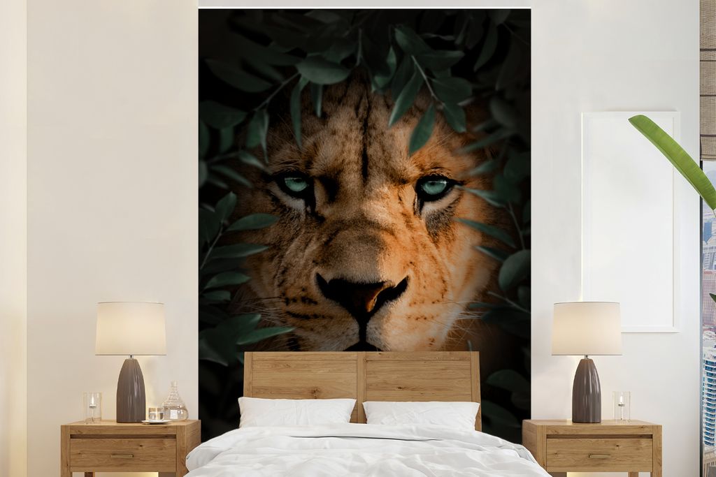 MuchoWow Fototapete für Wohnzimmer oder Schlafzimmer Wandtapete Vinyl Motivtapete Dschungel - Löwe - Pflanzen - 225x350 cm - Schlafzimmer tapete