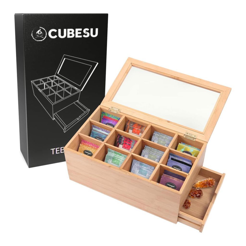 Premium Holz Teebox 12 Fächer mit Sichtfenster & Schublade Produktbild 