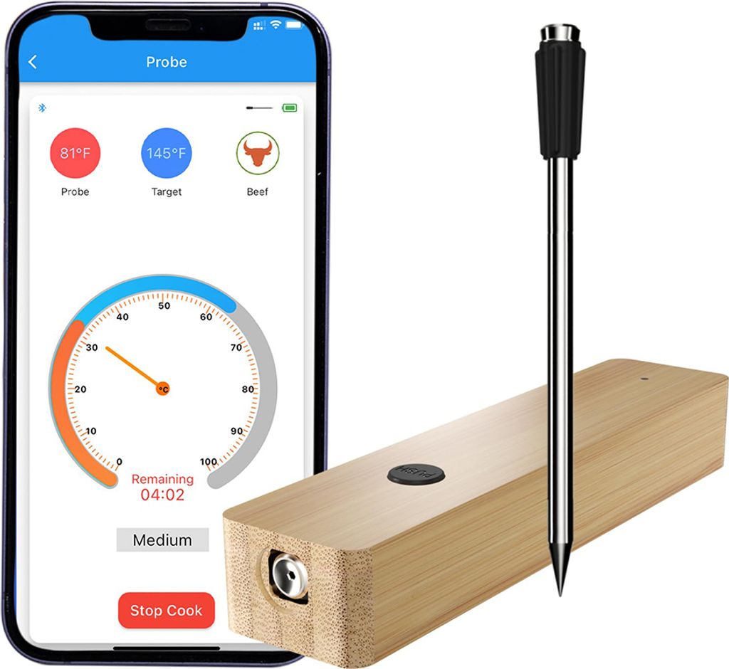 Intelligentes Fleischthermometer, Pop-up-Lebensmittelthermometer mit sofortiger Anzeige, APP-Steuerung mit kabelloser Reichweite von 500 Fuss, Zeit...