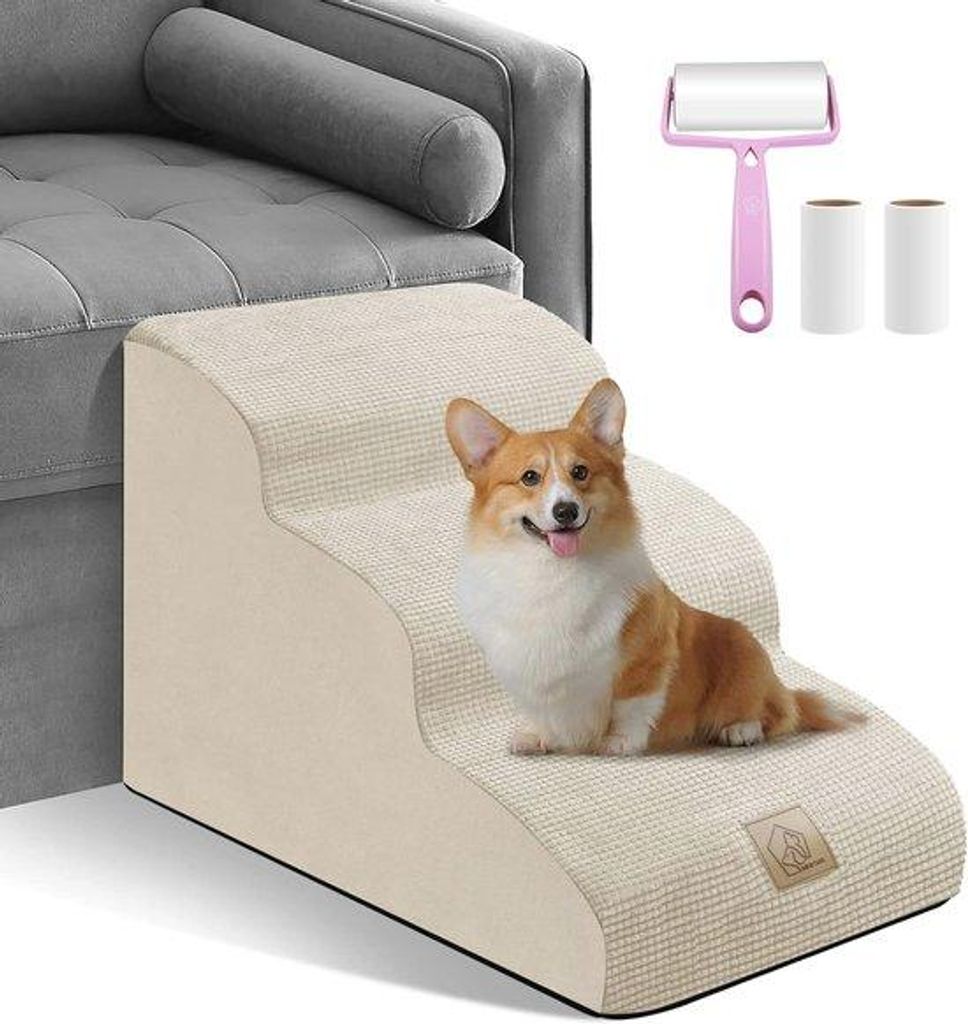Kleiner Hunde- und Katzenstufen für Sofa und Bett - Beige Non-Slip-Polsterstufen mit abnehmbarem Waschbarem Bezug - enthält Flockenroller-Set