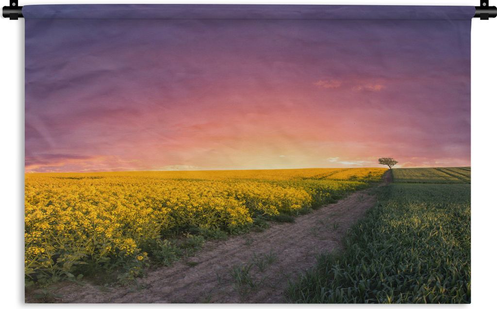 MuchoWow Wandteppich Wandbehang Blumen - Straße - Himmel - Gelb - Lila - Sonnenuntergang - Natur 120x80 cm Tapisserie Dekoration Wandtuch - Wand...