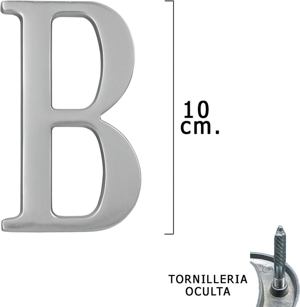 Metallbuchstabe "B" Silber Matt 10 cm. mit versteckten Schrauben (Blister 1 Stück)