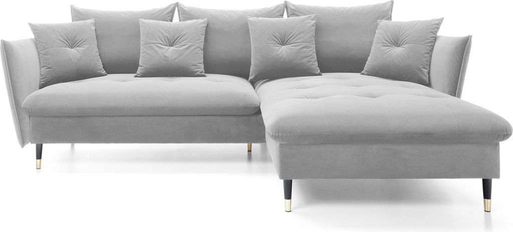 DomoHome Ecksofa GLAM mit Schlaffunktion, Freistehend, Ottomane und Goldenen Füßen – Samtsofa im Glamour-Stil für Ihr Wohnzimmer, mit Zierkiss...