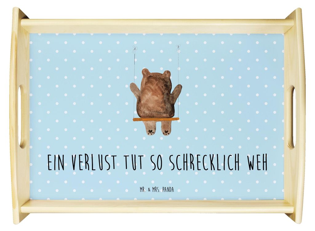 Mr. & Mrs. Panda Holztablett Bär Schaukel - Blau Pastell - Geschenk, Teddy, Tablett, aus holz, couchtablett, Serviertablett, sofatablett