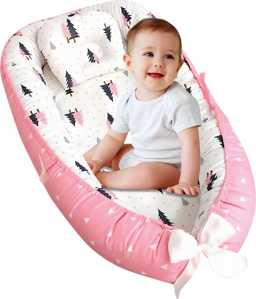 Baby Nest Baby-Schlafkorb, Linomag , mit zwei Seiten, 0–24 Monate, 90 x 55 cm, Baumwollbezug, Komfort & Sicherheit, Weiß/Rosa