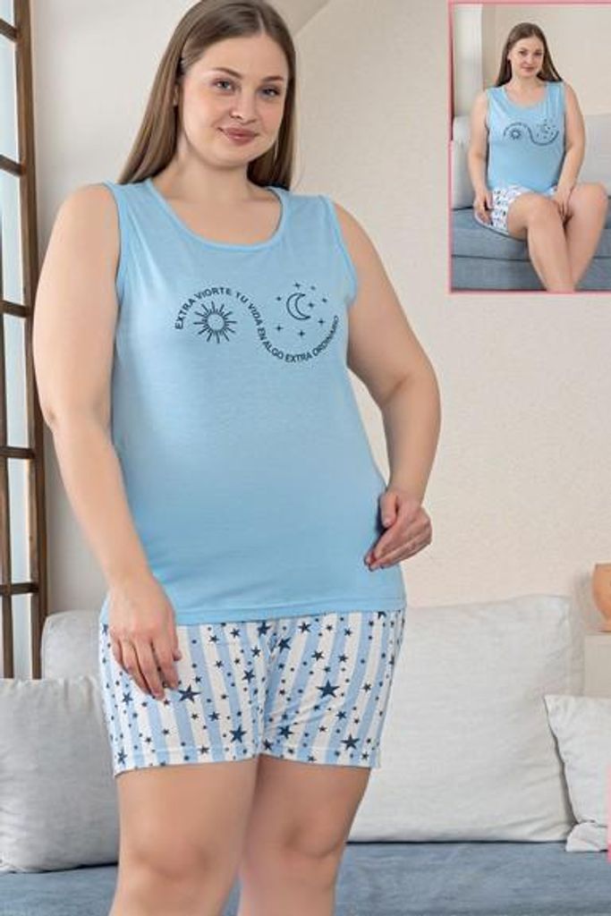 Pigiama da donna taglie forti, modello shorty, blu, 4XL, Immagine del prodotto 