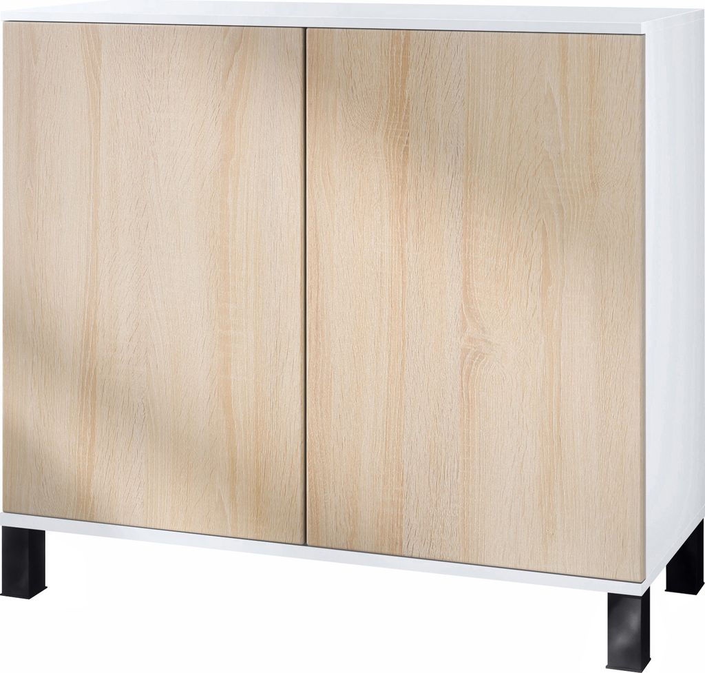 Vladon Kommode Skadu V3, Moderner Küchenschrank mit 2 großen Türen Weiß matt / Eiche sägerau (92,5 x 84.5 x 35)