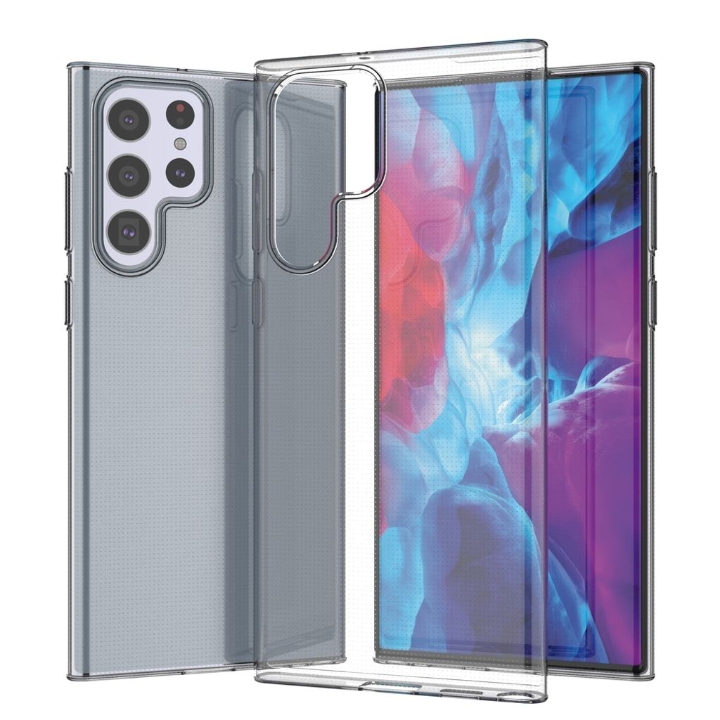 A clear phone case is shown next to a smartphone.