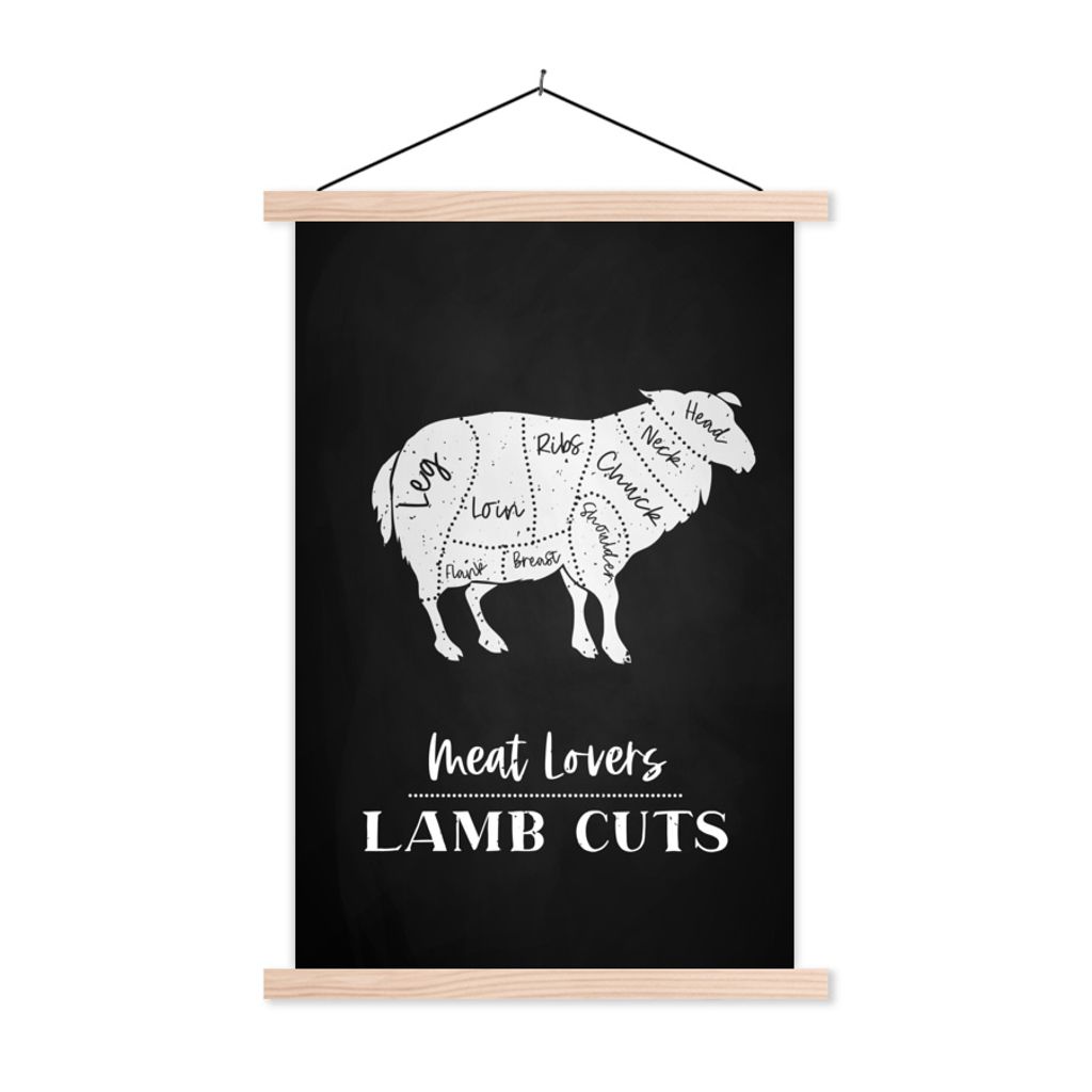 MuchoWow Textilposter Schaf - Küche - Fleisch 120x180 cm mit holzfarbenen Rahmen - Textil-Plakat