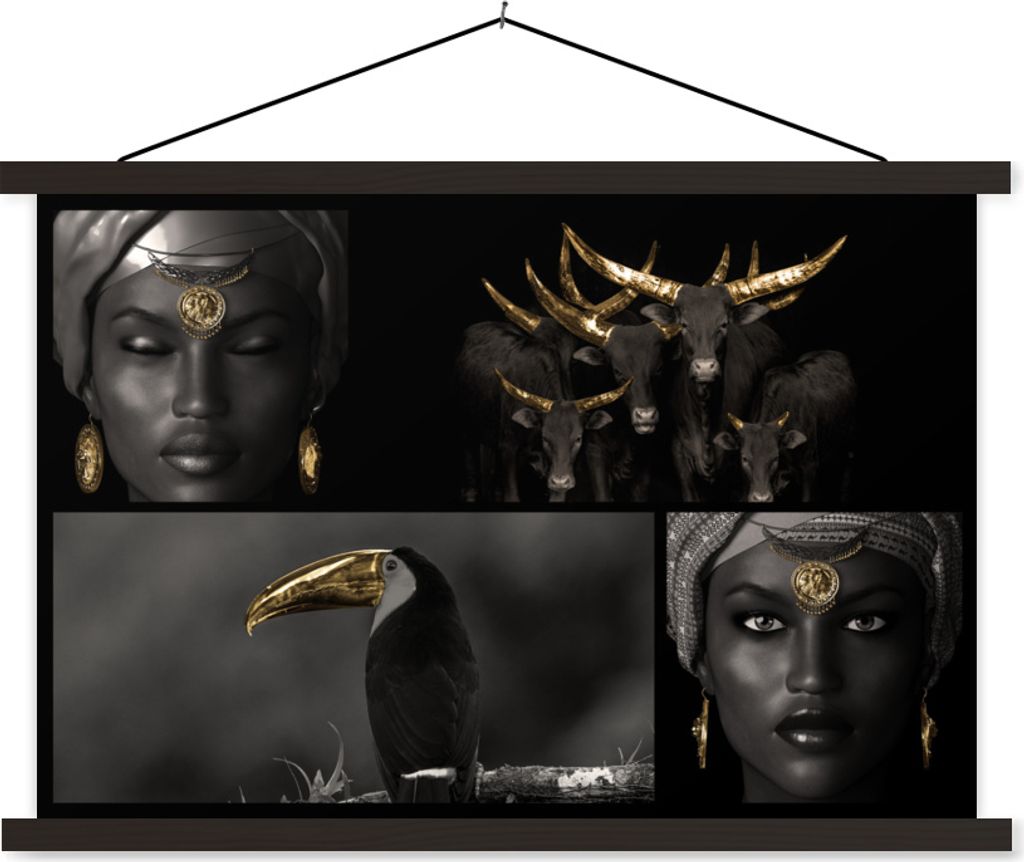 MuchoWow Textilposter Collage - Tiere - Frauen - Gold 90x60 cm mit schwarzem Rahmen - Aufhängungssatz