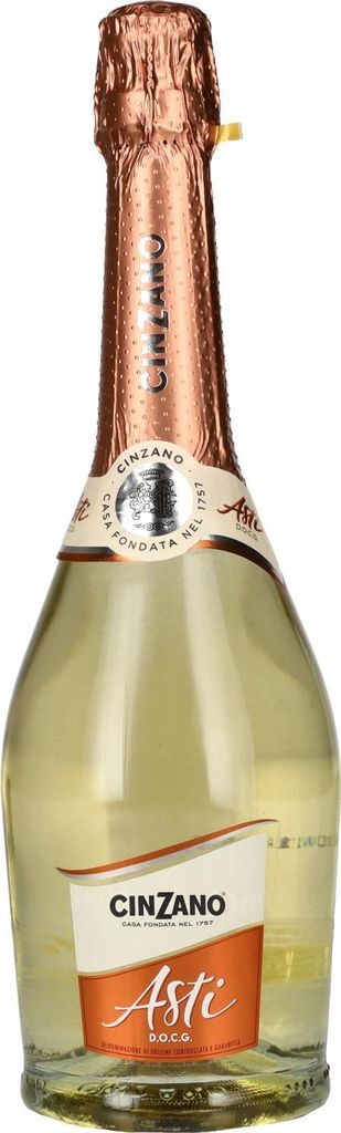 A bottle of Cinzano Asti D.O.C.G. sparkling wine.
