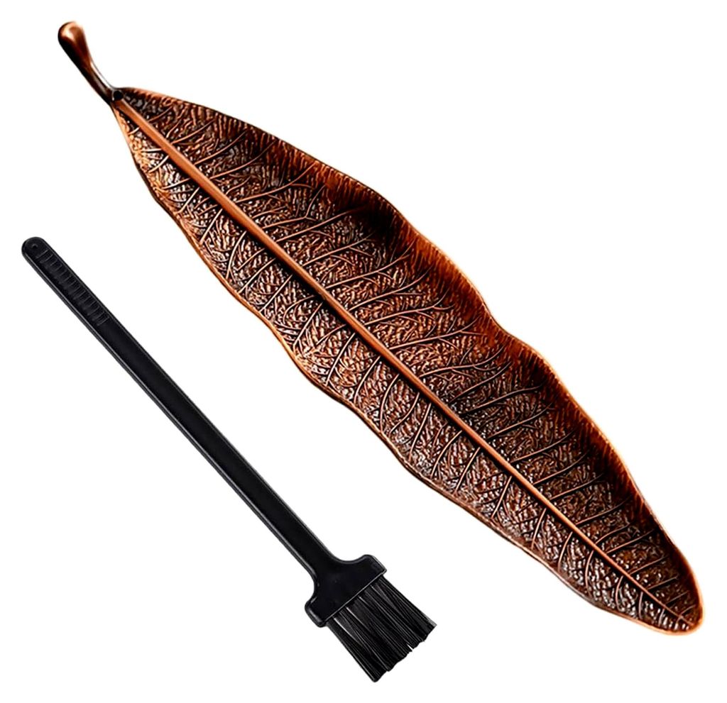 Bronze Räucherstäbchenhalter aus Metall mit Blättern, Räucherstäbchenbrenner und Aschefänger, geeignet für Räucherkegel und Räucherstäbch...