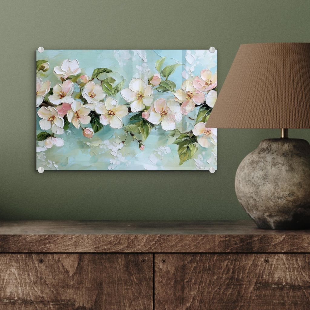 MuchoWow Glasbilder - Bilder auf Wandbild - Foto auf Glas Blossom - Blätter - Hellblau 30x20 cm Wanddekoration aus Glas - Acrylglasbild - Acrylbil...