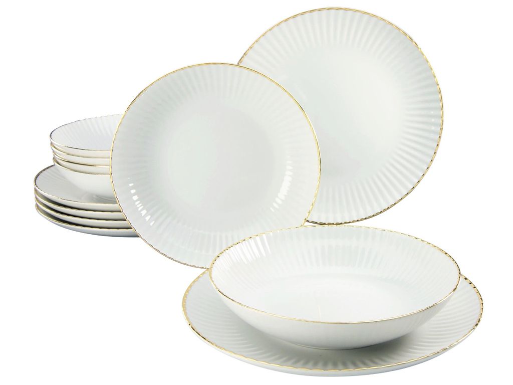 A set of white porcelain plates and bowls with gold trim, arranged on a white background.