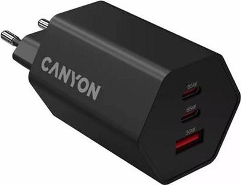 Nástěnná nabíječka "Hexagon 65", černá, 1x USB-A, 2x USB-C, Obrázek produktu 