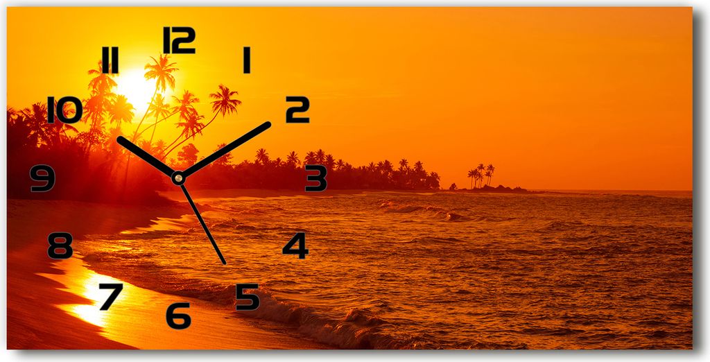 Wanduhr aus Glas – 60x30 cm - Glasbild - Glasuhr - Gehärtetes Glas - schwarze-zeiger - Sonnenuntergang am Strand