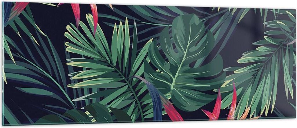 Bilder auf glas - Einteilig - Exotisch Blumen Blätter - 140x50cm - Glasbilder - Wandbilder - Bilder - zum Aufhängen bereit - Wanddekoration aus G...