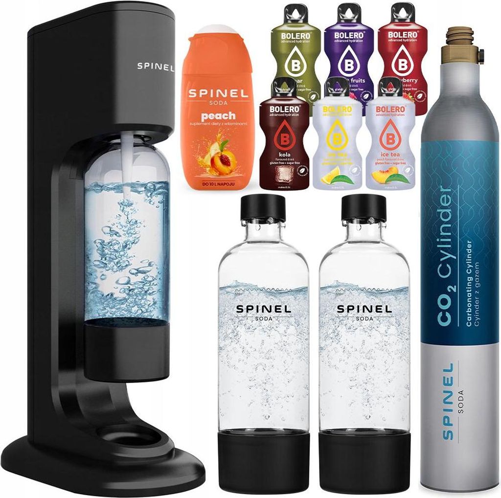 SPINEL SODA BubbleON Wassersprudller + 2 Flaschen + Bolero + Sirup SPINEL SODA mit Vitaminen Pfirsich 65ml
